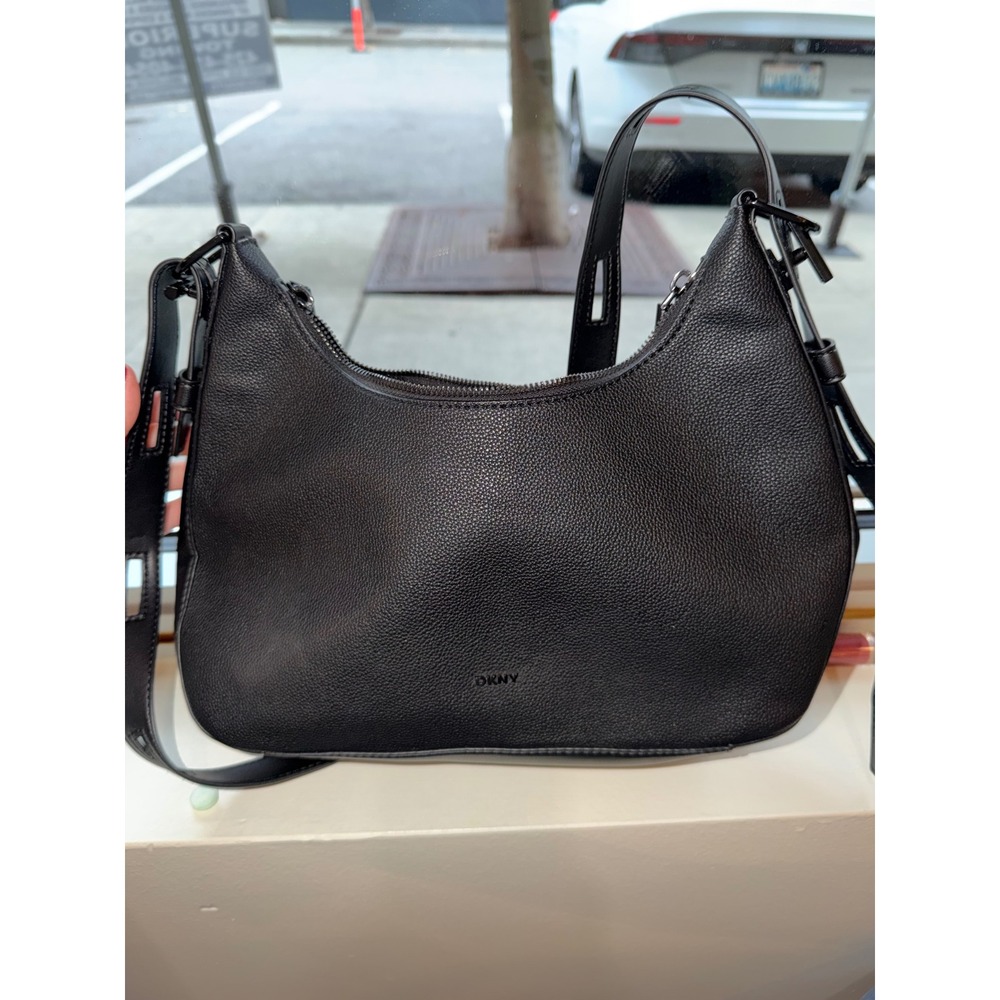DKNY Black Pebbled Leather Hobo Shoulder Bag Minimalist Adjustable Strap